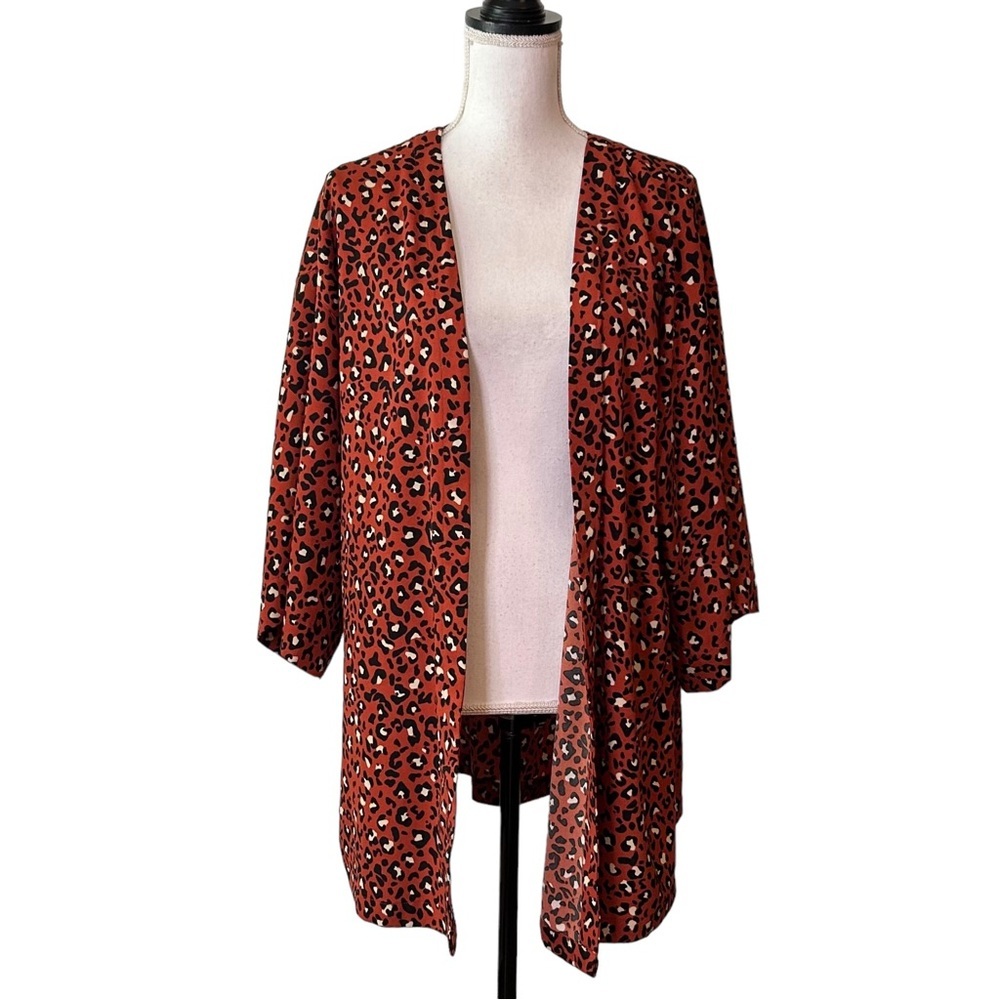Evri Brand Plus Size Orange Black Leopard Print Open Front Kimono‎ Sz XS
